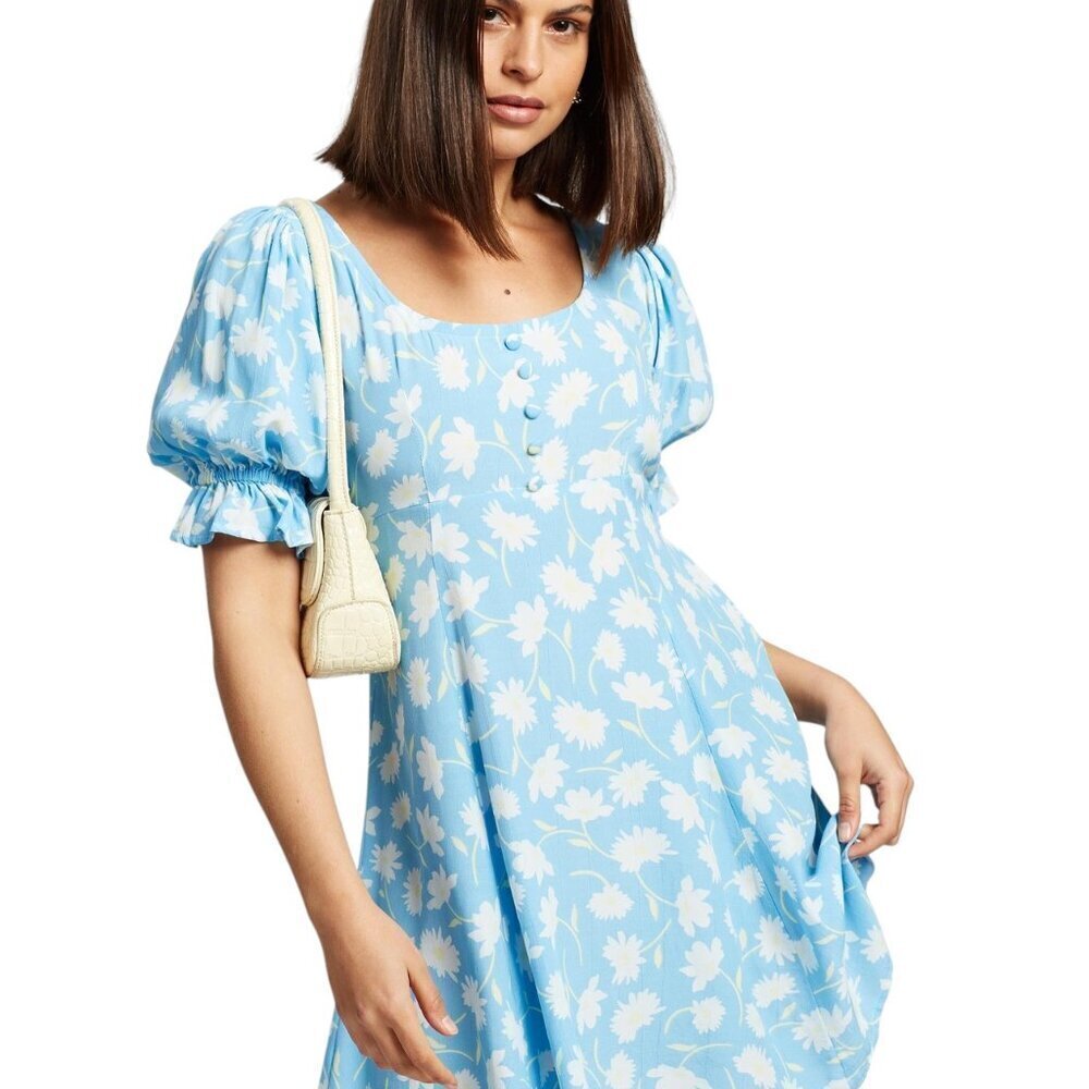 Faithfull The Brand La Barben Blue Floral Daisy Babydoll Dress Womens XS